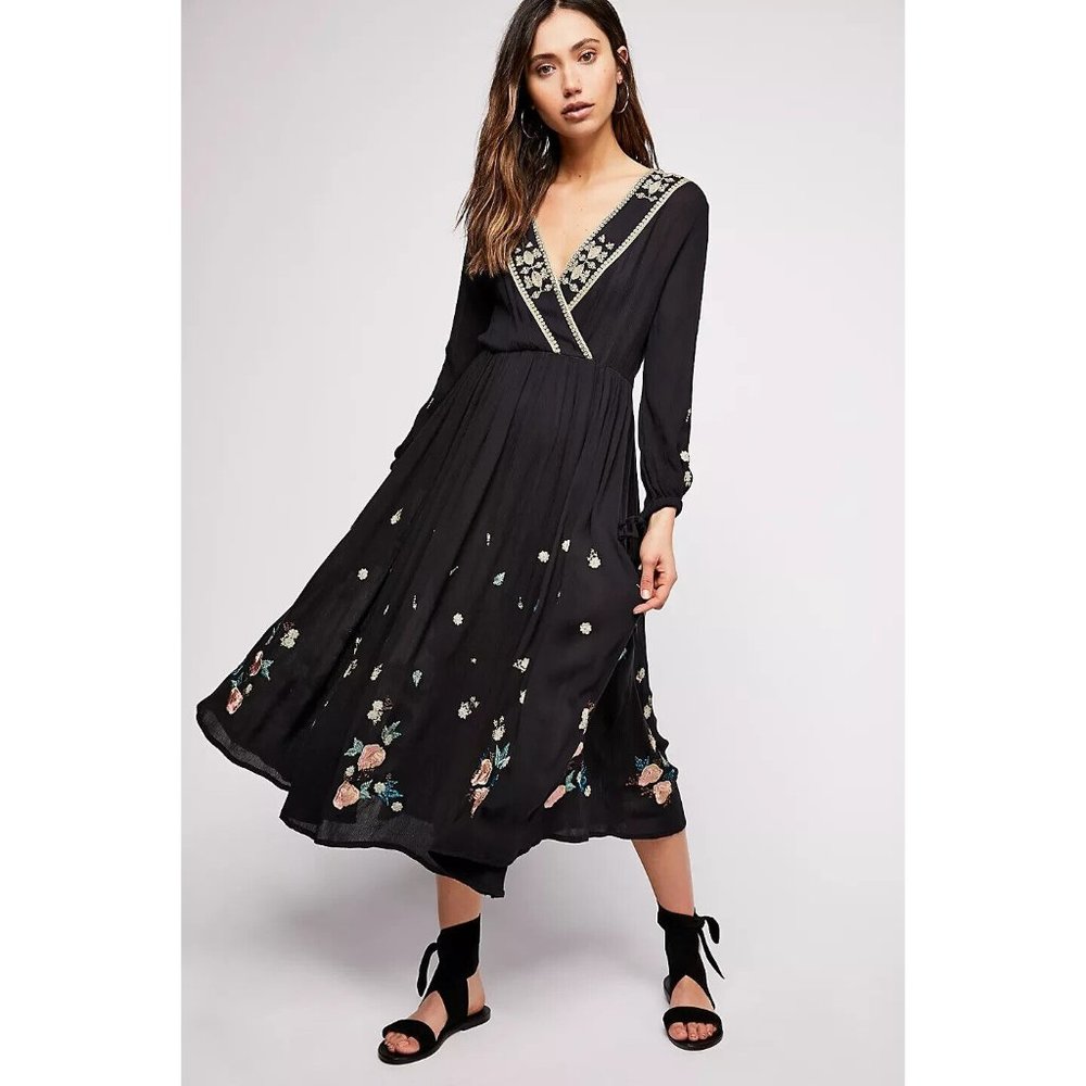 Free People The Enchanted Forest Midi Dress Mix Floral Embroidered XS Boho Blue…